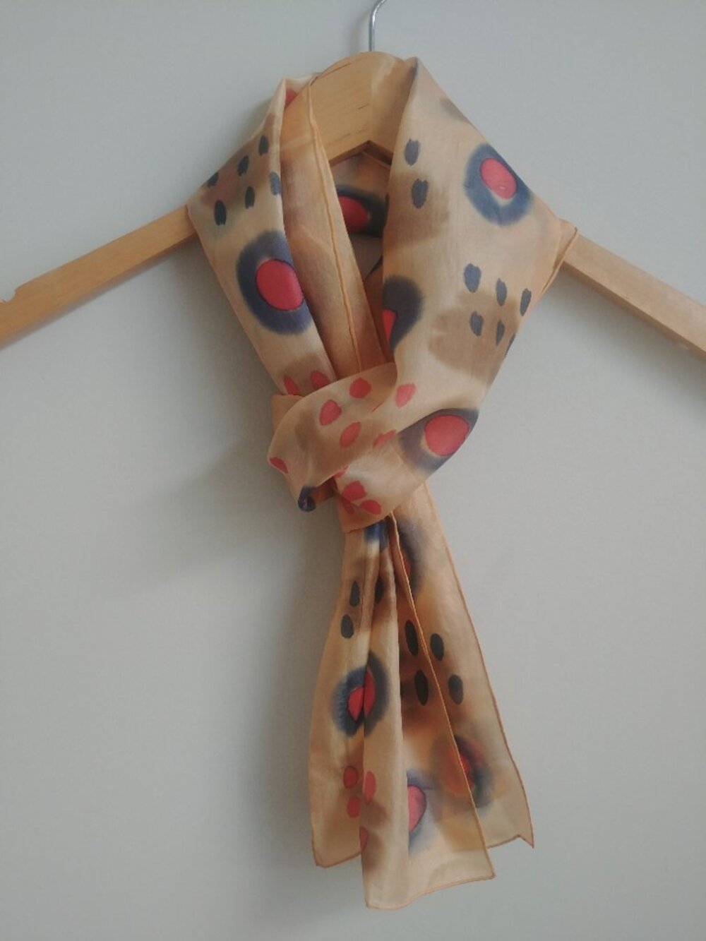 Skinny silk neck scarf red blue and brown circle pattern rolled edges